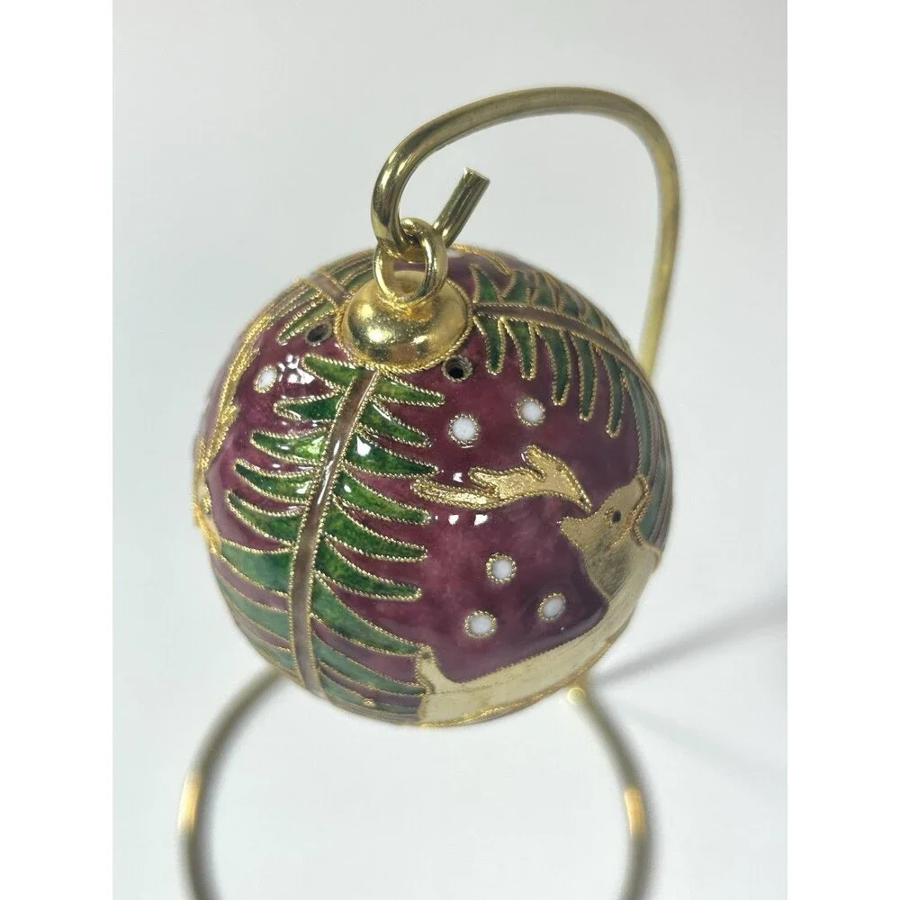 Victorian Enamelling Cloisonné Gold Tone Plated Christmas Tree Reindeer Ornament